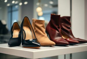 A stylish display of four pairs of women's shoes on a white shelf features chic black patent leather heels, beige ankle boots, and two pairs of red heeled boots. These stylish shoes not only make feet look smaller but also offer trendy options for fashion enthusiasts in a modern store setting.