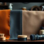 A collection of leather cleaning supplies is neatly arranged on a table. Featuring orange, gray, and beige leather swatches ideal for roughout leather, there's also a brush, two small containers of polish, care tips in a spray bottle, and a bottle labeled "Raibcut Leather.