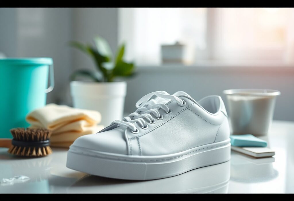 A white sneaker is placed on a glossy surface, surrounded by cleaning supplies including a brush, a folded yellow cloth, a bucket, and a plant in a blurred background. The scene is bright, with natural light coming from a window.