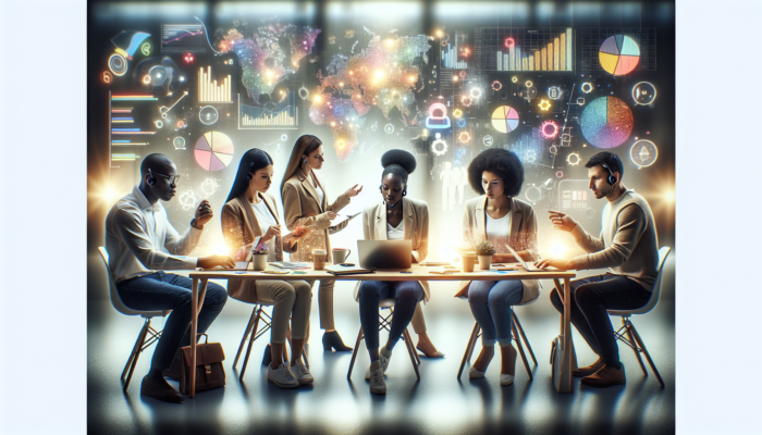 A digital marketing team strategizing a PPC campaign with graphs and data analytics on screens.