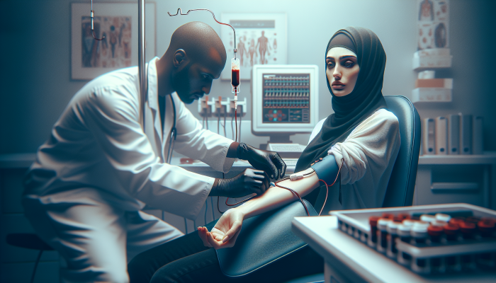 Person in clinic having blood drawn, showing mixed emotions, surrounded by medical equipment.