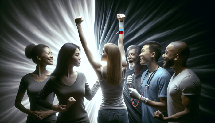 Person raising arm in triumph after blood test, transitioning from dark to bright backdrop with supportive figures.