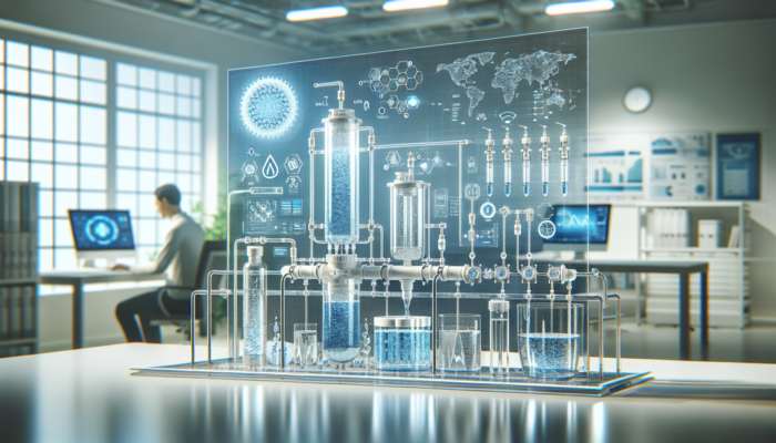 Advanced water purification system with reverse osmosis, UV sterilization, and nanotechnology in a modern lab.