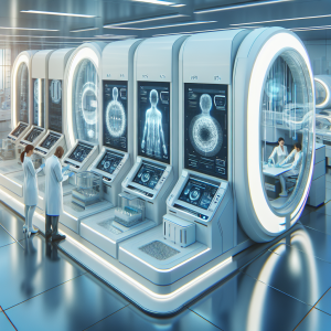 High-tech laboratory equipped with advanced medical technology and professionals collaborating in a futuristic, welcoming environment.