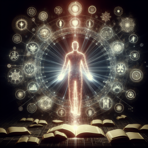 An individual radiating empowerment, surrounded by illuminating books and action symbols.