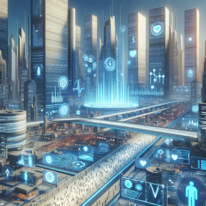 A futuristic cityscape showcasing holographic health data and individuals using advanced devices for informed health decisions.