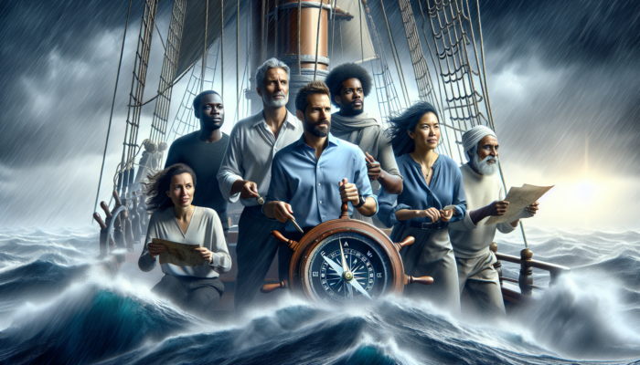 A diverse leadership team guiding a ship through stormy seas with a compass and map, symbolizing effective navigation of uncertainty.