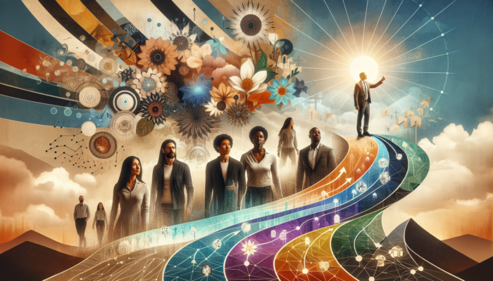 A leader guiding a team through a changing landscape, fostering collaboration and innovation.