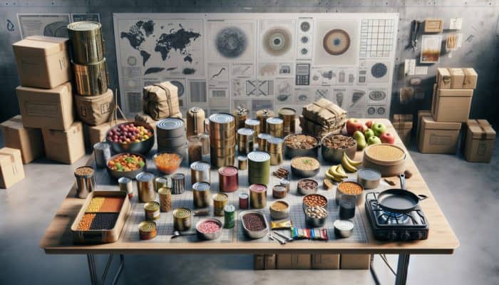 A variety of non-perishable foods, cooking equipment, and storage containers on a table in a wilderness survival setting.