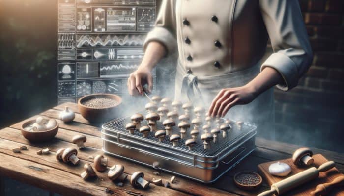 A chef preparing mushrooms for smoking: slicing, seasoning, and arranging on a smoker rack with rising smoke.