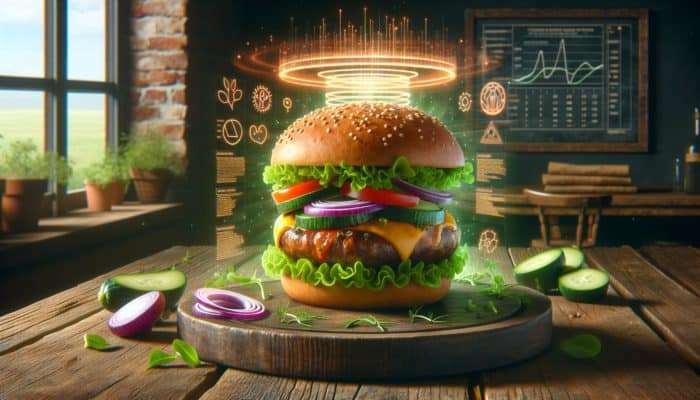 Juicy mushroom burger with fresh vegetables on a rustic wooden table, showcasing health benefits.