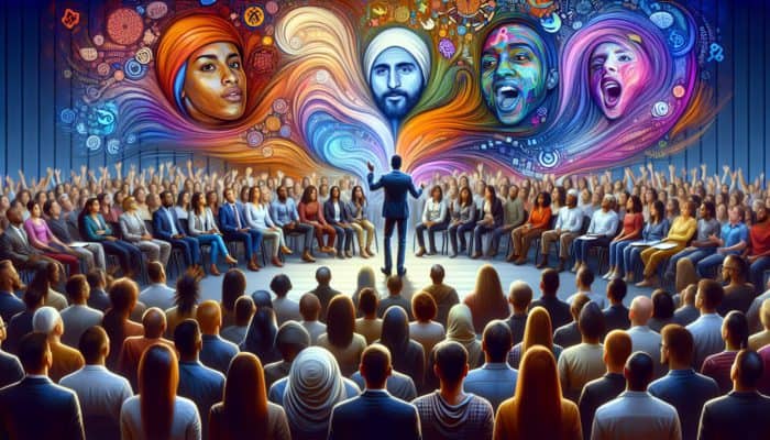 A diverse audience engaged with a storyteller weaving an enchanting narrative, surrounded by vibrant colors.