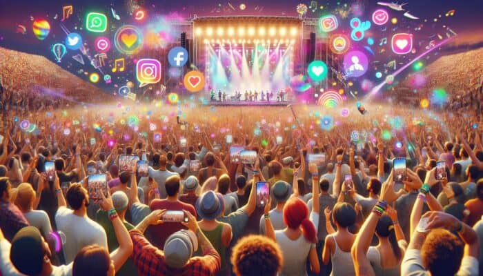 Attendees at a music festival utilizing themed AR filters for colorful, animated selfies, enhancing social media engagement.