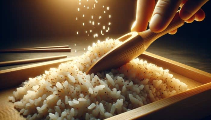 Seasoned sushi rice with vinegar, sugar, and salt, being folded with a wooden paddle.