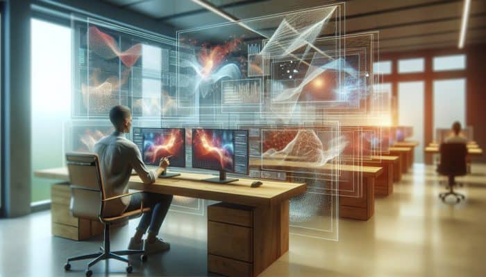 A person at a desk with digital screens, crafting content focused on accuracy, relevance, and engagement.