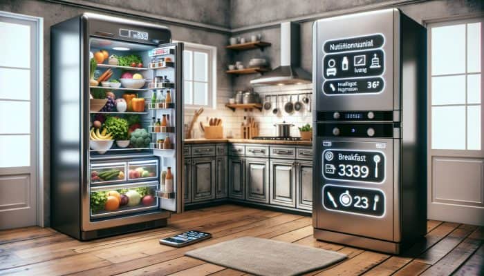 A modern UK kitchen with smart fridge, oven, and app enhancing healthy meal preparation.