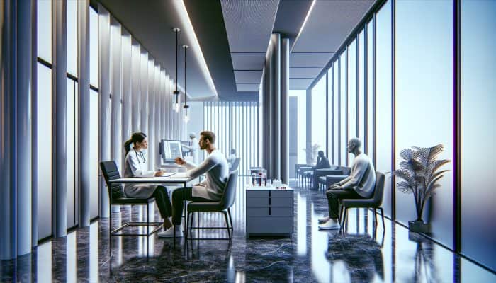 Person fasting for 8 hours before vitamin D test, consulting healthcare provider in modern Birmingham clinic.