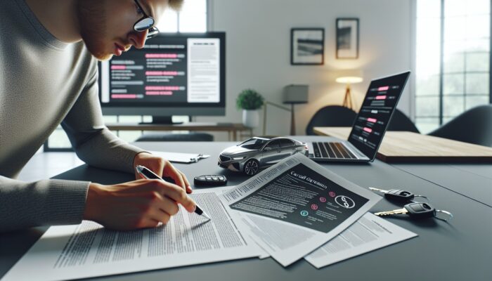 Person reading rental car agreement, focusing on insurance and mileage, with laptop and keys on table.
