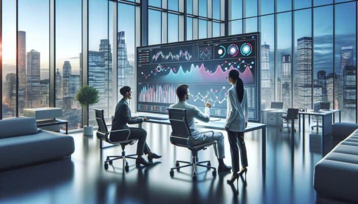 Person analyzing market trends on computer with graphs showing seasonal demand, modern office with city view.