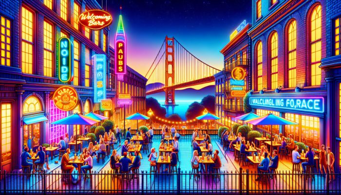 San Francisco cityscape at dusk with bars, pubs, and the Golden Gate Bridge.