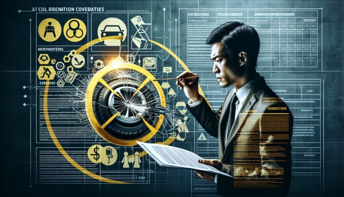 A person highlighting exclusions in a car rental insurance policy, with symbols of damages not covered.