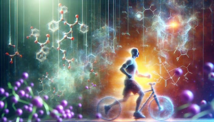 Person exercising in gym with beta-alanine molecules and tingling glow on skin.