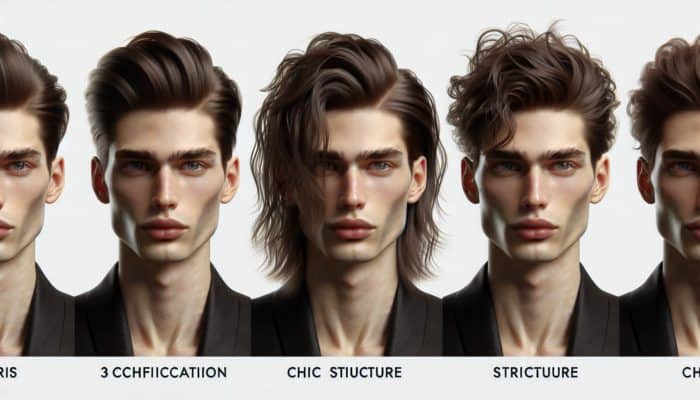 Person with wet hair in three styles: slicked-back, side part, and tousled, showing sophistication, chic structure, and beachy vibe.