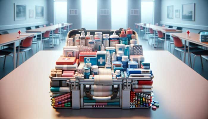 A well-organized first aid kit with bandages, antiseptics, pain relievers, and medications on a table.