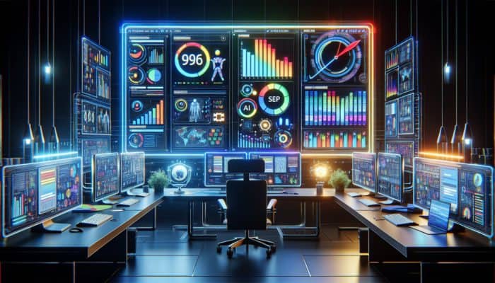 A futuristic dashboard displaying AI-enhanced SERP analysis with graphs and charts in a modern office.