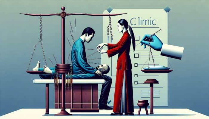 An acupuncturist treating a patient with needles, legal documents and hygiene checklist in the background.