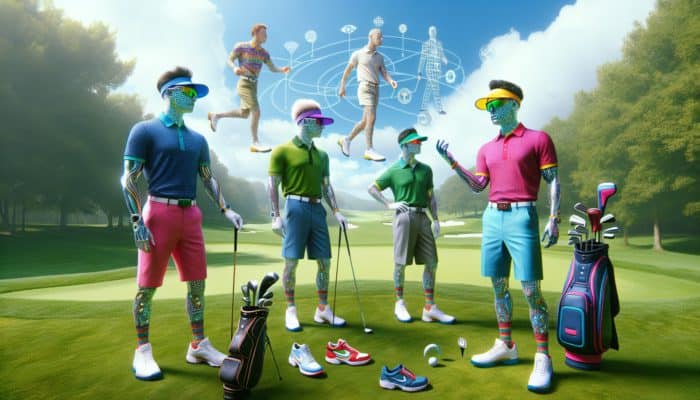 Stylish golf attire, modern visors, and contemporary golf shoes on a lush golf course, featuring fashion experts.