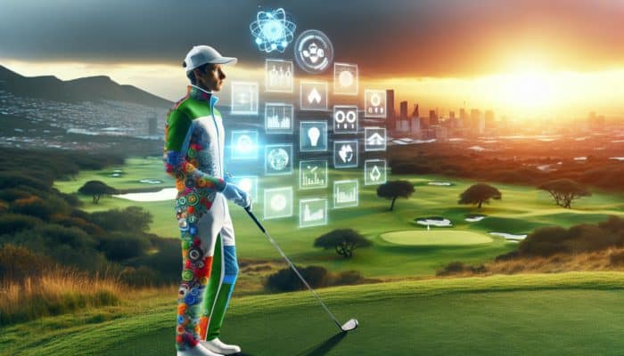 A golfer in 2030 wearing a sustainable, personalized outfit on an eco-friendly course at sunset.