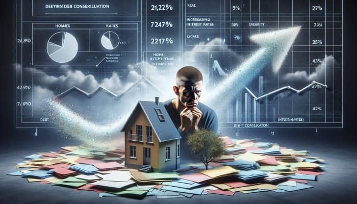 UK homeowner worriedly views shrinking home equity amidst rising interest rates, with debt consolidation documents scattered around.