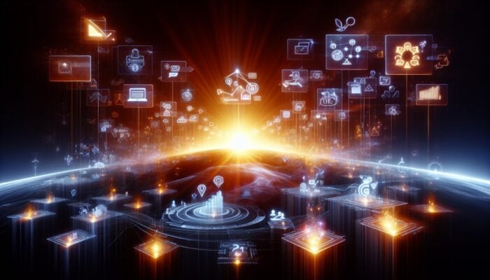 E-commerce website icons, SEO graphs, and glowing customer testimonials rising, symbolizing SEO improvement.