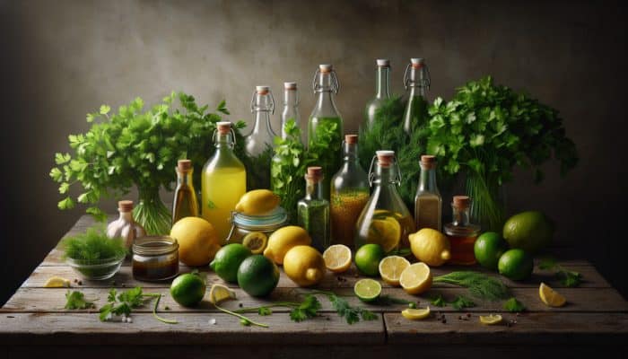 Colorful low-sodium ingredients on a rustic table: lemons, limes, vinegars, and fresh herbs.
