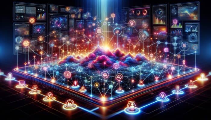 A digital landscape with interconnected nodes and vibrant links, surrounded by glowing recommendations and expert advice icons.