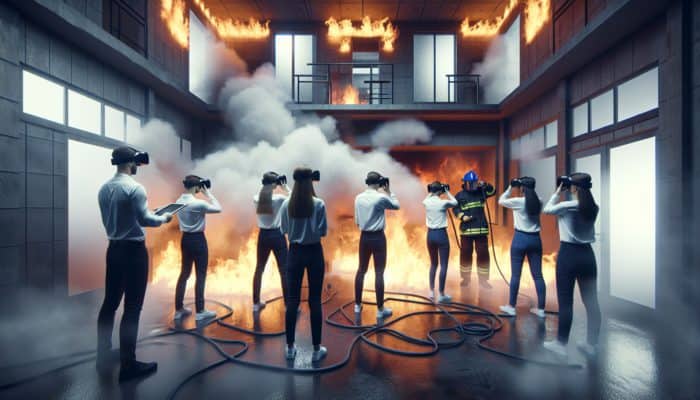Trainees using VR headsets in a fire simulation, guided by an expert, with flames and smoke.