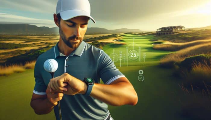 South African golfer using GPS watch on Gary Player course for distance measurement and shot analysis.