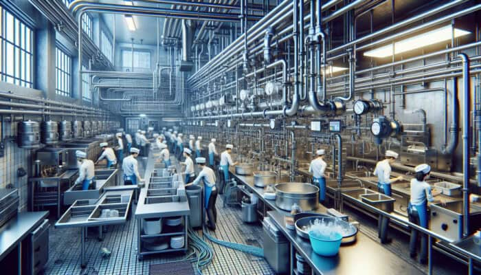 Commercial Plumbing Services in Burnaby: A busy commercial kitchen with visible plumbing systems, including sinks, dishwashers, and pipes, in a restaurant setting.