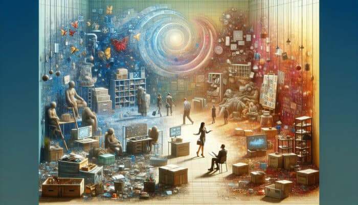 A hoarder and helper discuss items in a supportive environment, amidst cluttered and cleared spaces, symbolizing empowerment and change.