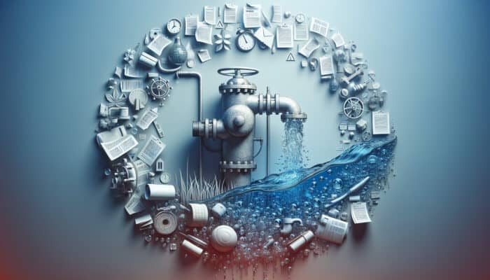 A neglected backflow device leaking contaminated water into a clear supply, surrounded by legal documents and fines.