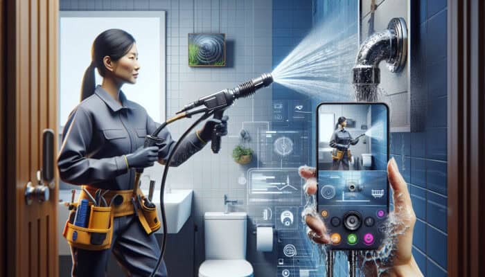 Plumber using hydro-jetting and camera inspection in a modern bathroom setting.