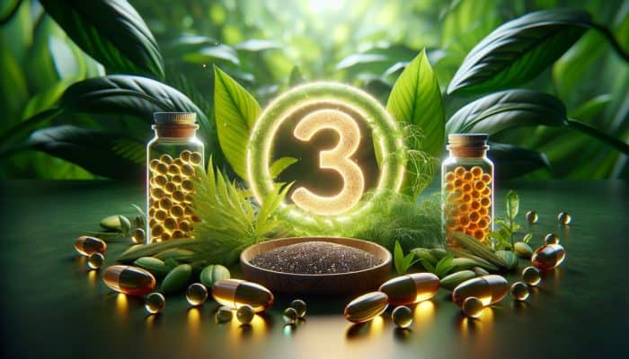 Chia seeds, hemp seeds, and algae oil capsules around omega-3 symbol on green leaves.