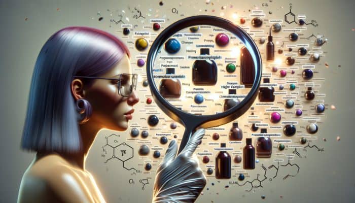 Person using magnifying glass to check hair dye labels for harmful chemicals and safety indicators.