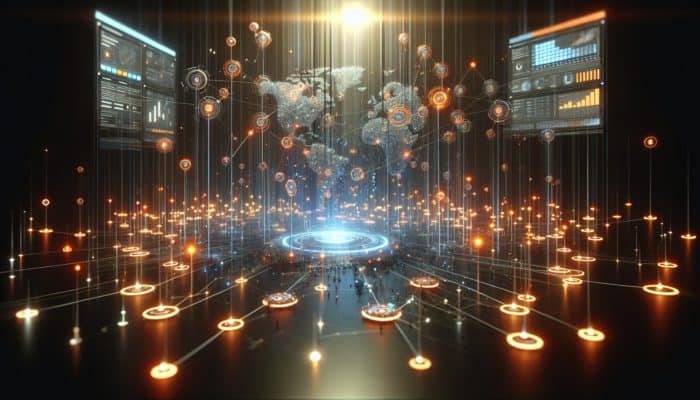 A futuristic digital network with glowing nodes and data streams, showing content distribution across platforms.