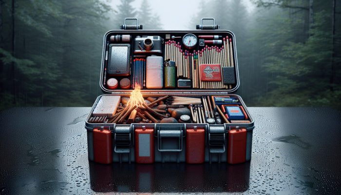 A well-organized fire-starting kit in a waterproof container, with matches, lighters, and new tech items, in a damp forest.