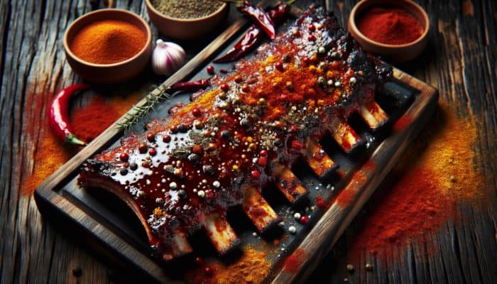 Smoky BBQ pork ribs with a rich, dark glaze and vibrant spices on a rustic wooden table.