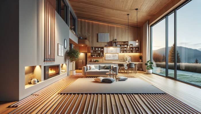 Hydronic Radiant Floor Heating Services in Langley: A contemporary home in Langley featuring hydronic radiant floor heating; warm water pipes under a sleek wooden floor heating a cosy minimalist living room.