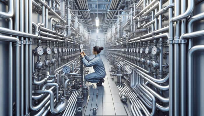 A technician checks the pressure gauge on a hydronic heating system in a well-maintained boiler room.