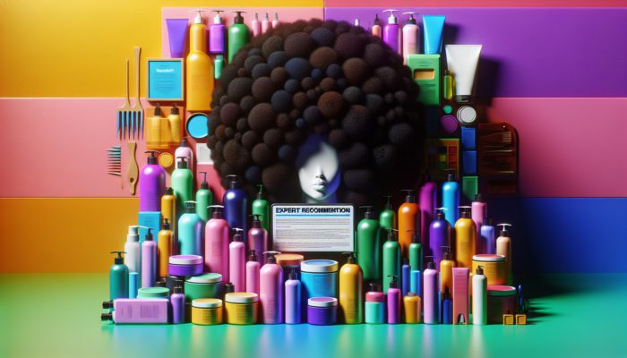 Afro-textured hair care products display with expert recommendations on a colorful background.